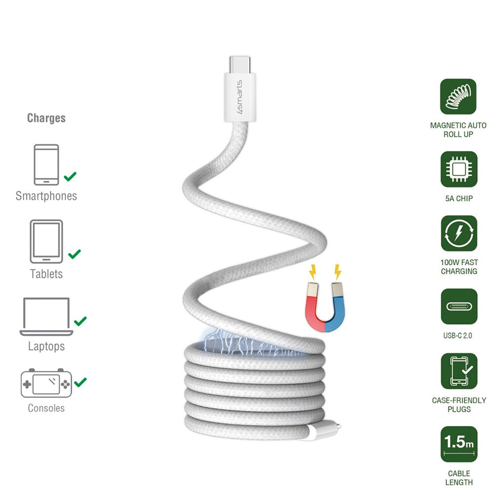 4smarts Magnetic USB-C to USB-C Cable 100W PD - 1.5m - White