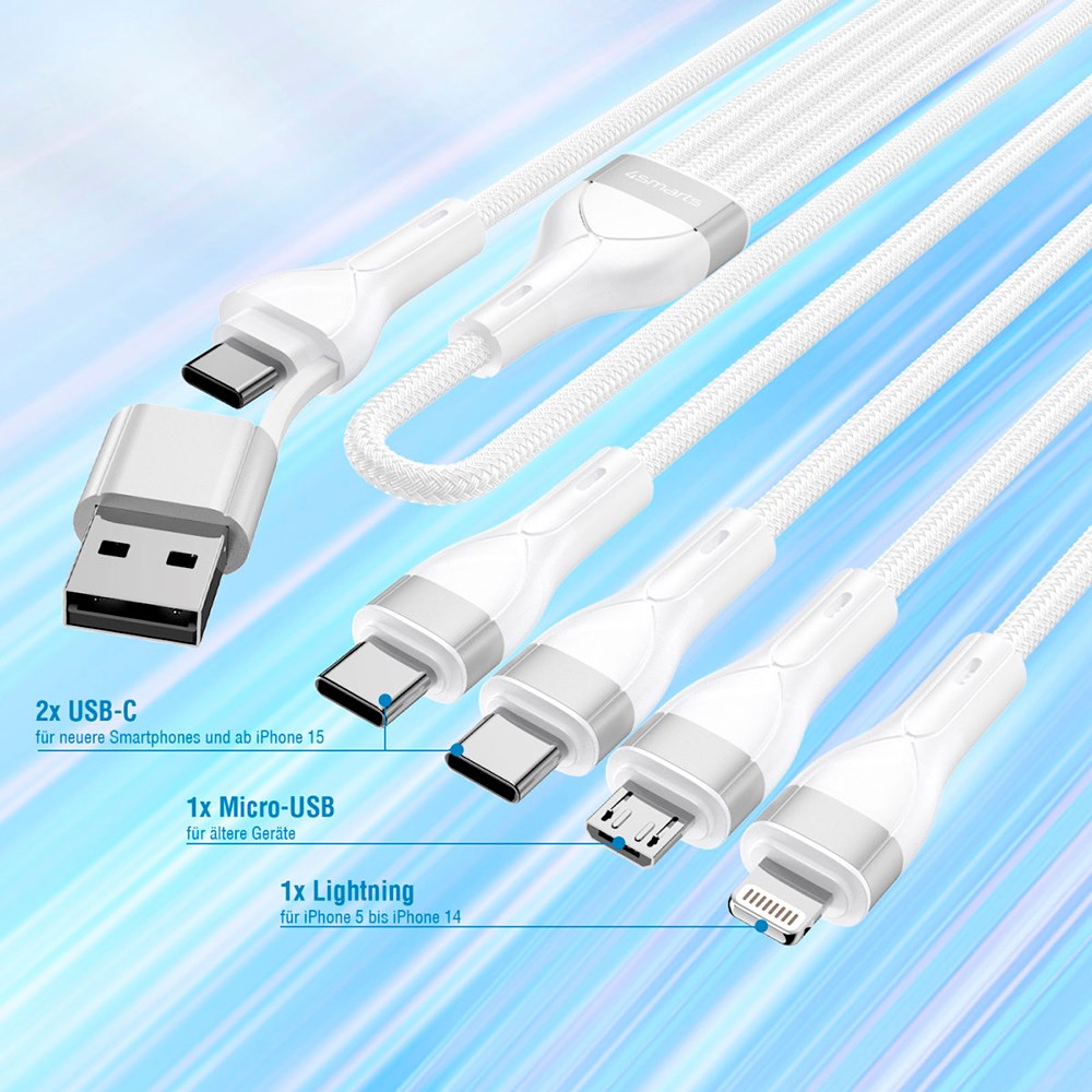 4smarts 4in2 15W Multi-Charging Cable - 2 x USB-C / Lightning / Micro USB 120cm - White