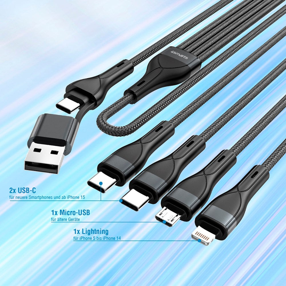 4smarts 4in2 15W Multi-Charging Cable - 2 x USB-C / Lightning / Micro USB 120cm - Black