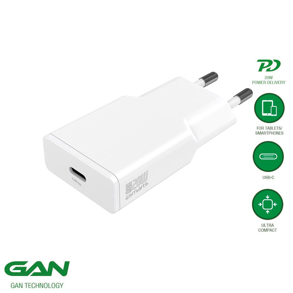 4Smarts PD Slim Wall Charger GaN 20W w. USB-C - White