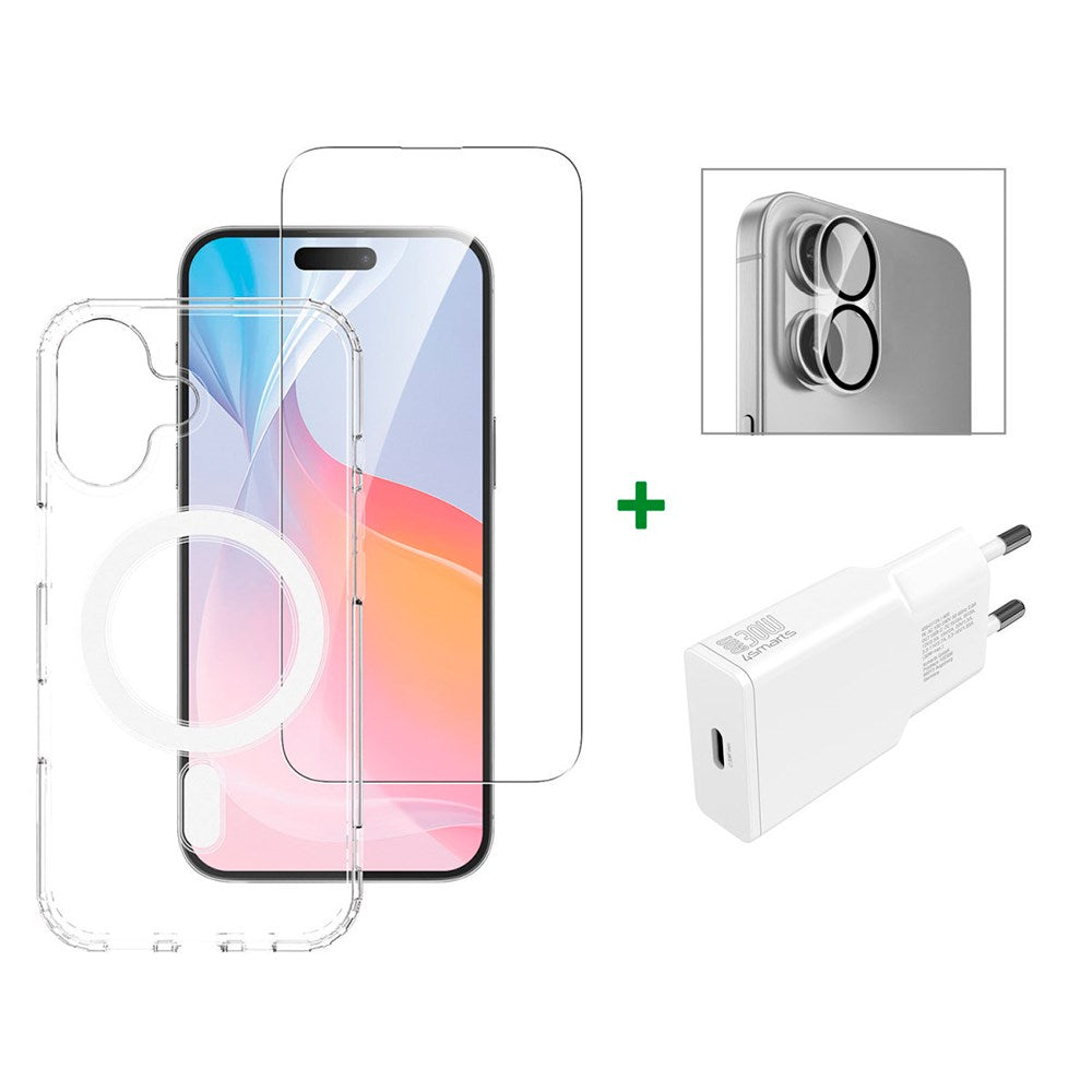 iPhone 16 4smarts Premium Starter Set - MagSafe Case, Screen and Lens Protection & 30W Wall Charger - Transparent / White