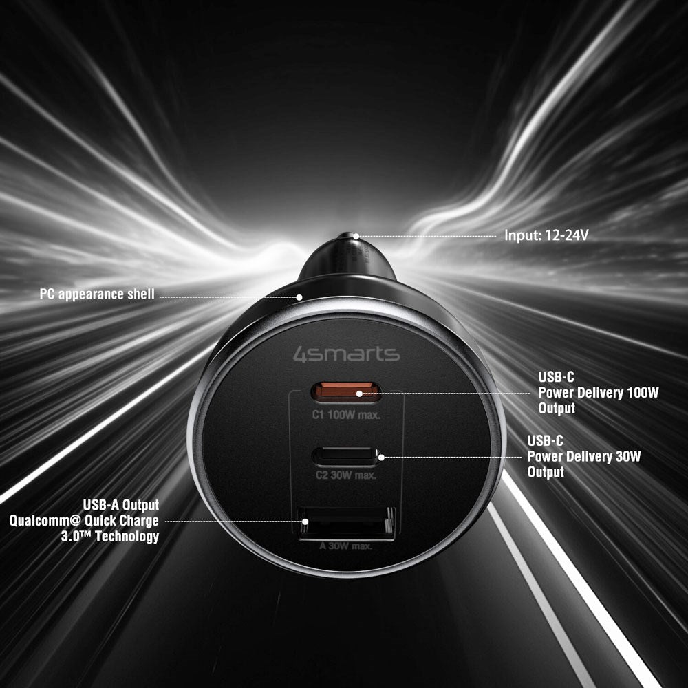 4smarts VoltRoad Ultimate 160W Car Charger with 2 x USB-C 1 x USB-A - Black