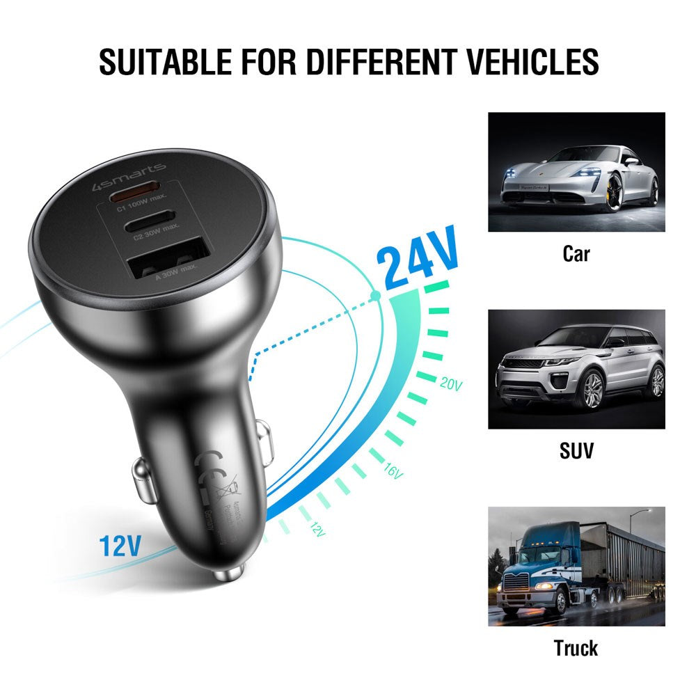 4smarts VoltRoad Ultimate 160W Car Charger with 2 x USB-C 1 x USB-A - Black