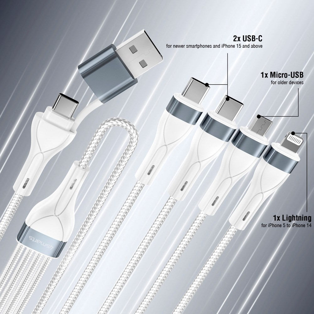 4smarts 4-in-2 Multi Charging Cable - USB-C / USB-A / Lightning / Micro USB - 25cm - White