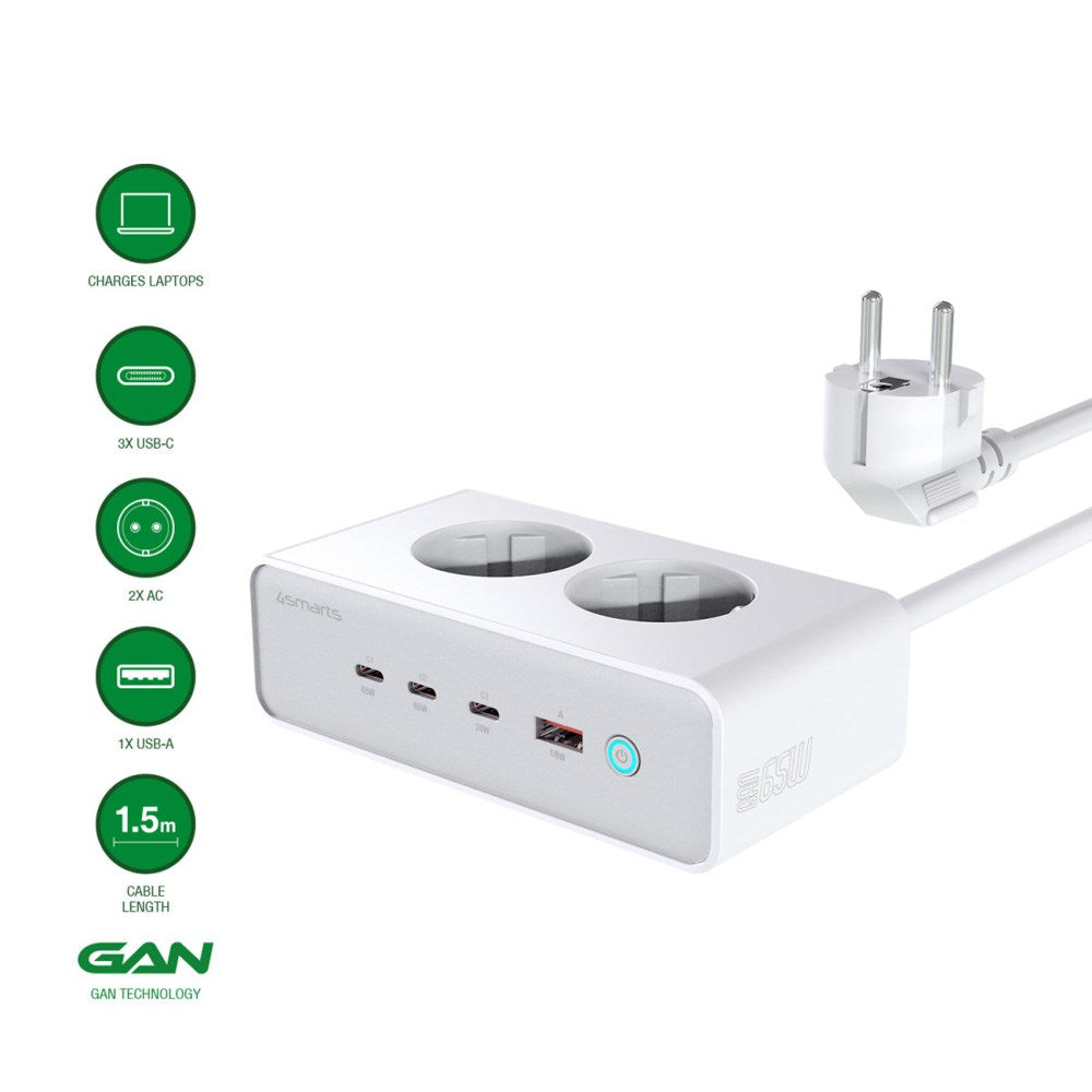 4smarts 6-in-1 Desktop Charger - 65W - 2x AC Plug / 3x USB-C / 1x USB-A - White