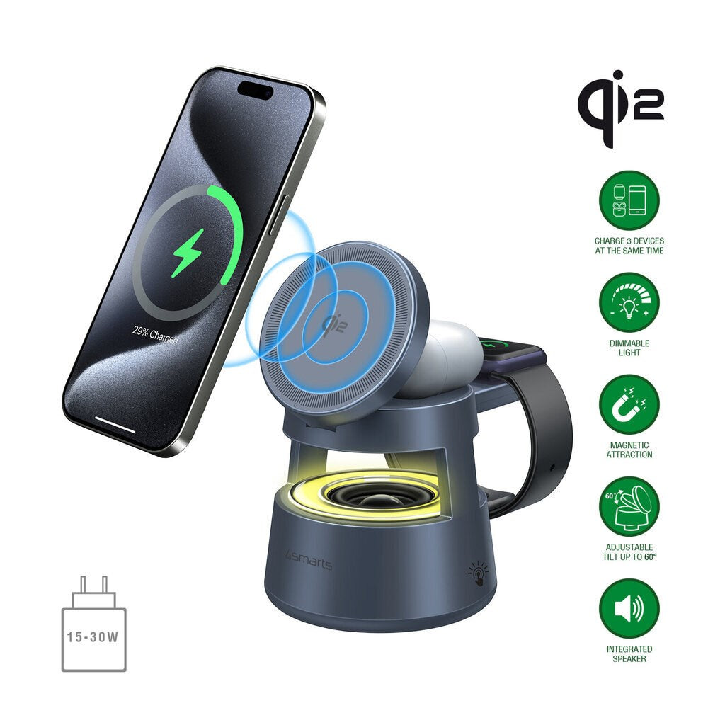 4smarts 3-in-1 Wireless Charger with Built-in Light & Bluetooth for Smartphone / Smartwatch / AirPods - MagSafe / Qi2 Compatible - Grey