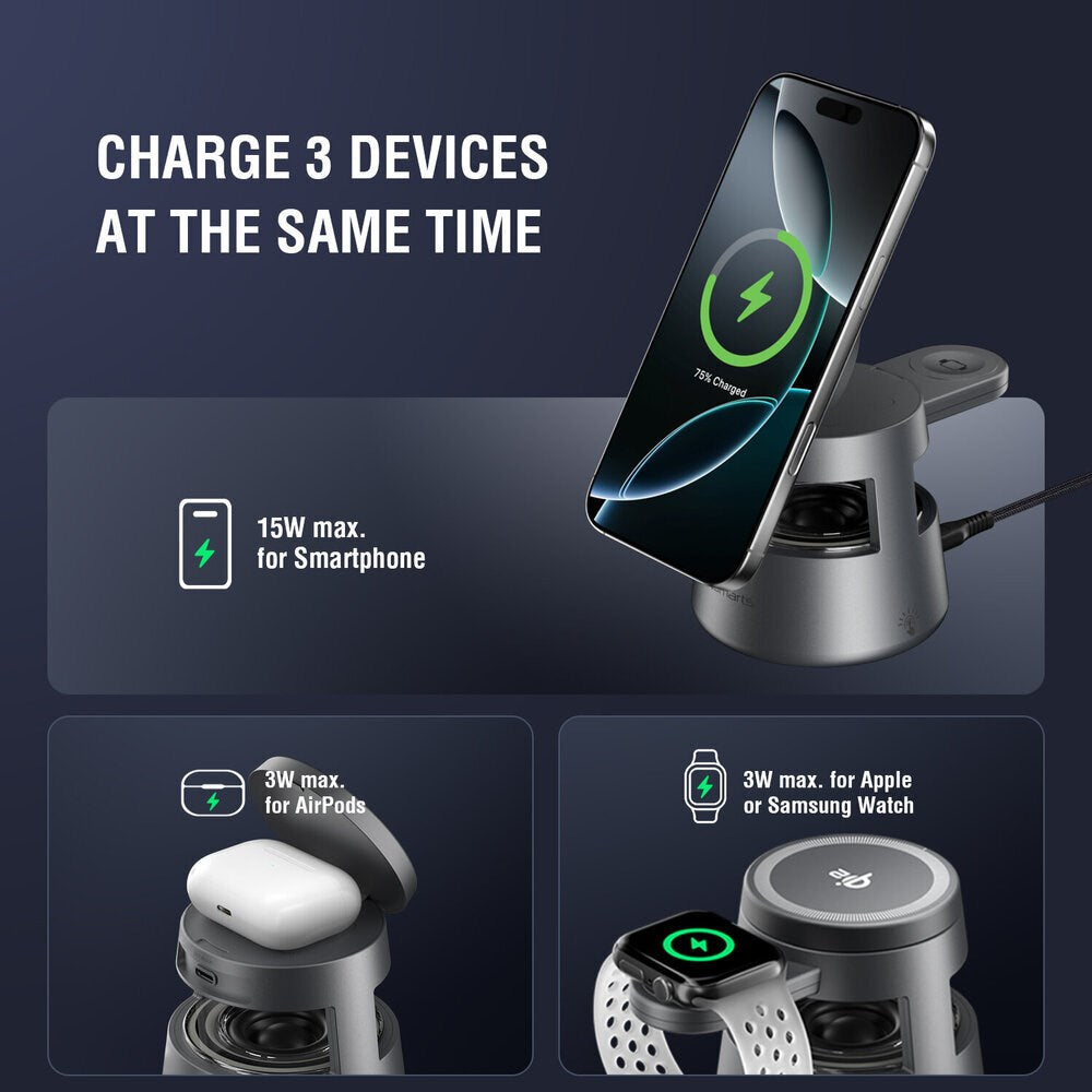 4smarts 3-in-1 Wireless Charger with Built-in Light & Bluetooth for Smartphone / Smartwatch / AirPods - MagSafe / Qi2 Compatible - Grey