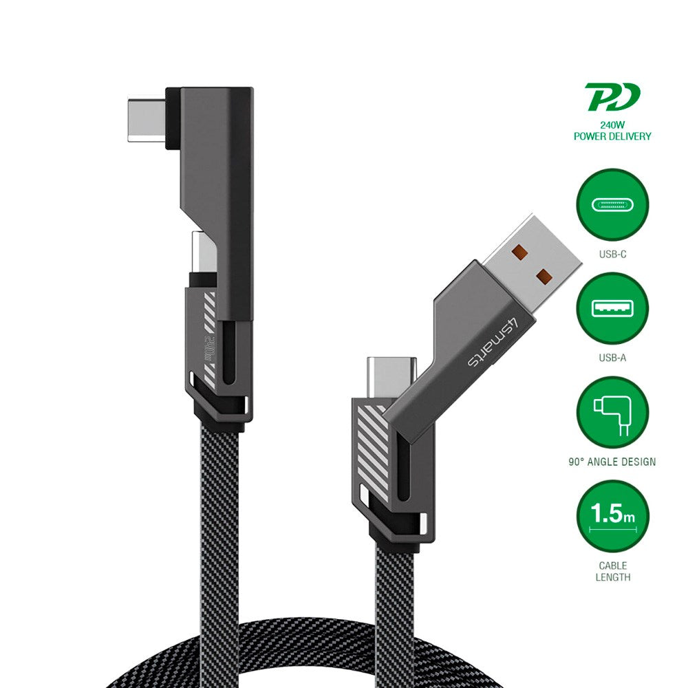 4smarts ComboCord 2-in-1 Right Angled Cable 240W - 1.5m - Grey