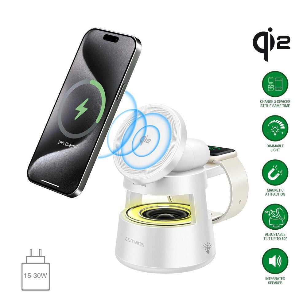 4smarts 3-in-1 Wireless Charger with Built-in Light & Bluetooth for Smartphone / Smartwatch / AirPods - MagSafe / Qi2 Compatible - White