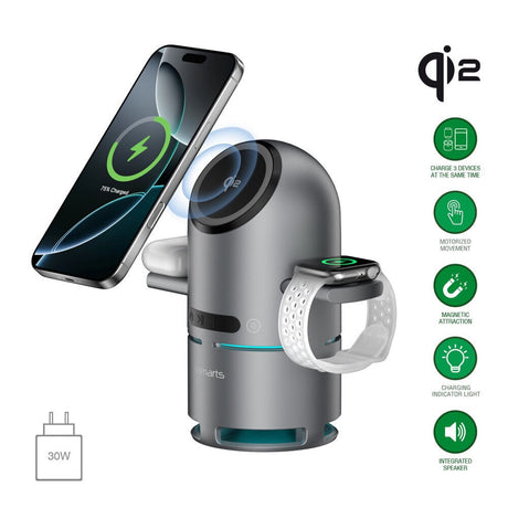 4smarts ChargeBot Sound 3-in-1 Wireless Charger with Bluetooth Speaker - Smartphone / Smartwatch / AirPods - MagSafe / Qi2 Compatible - Grey