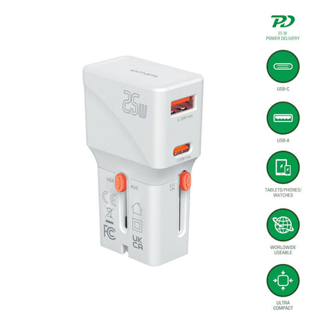 4smarts 25W Travel Adapter for EU/UK/US/AUS with 1 x USB-C 1 x USB-A - White