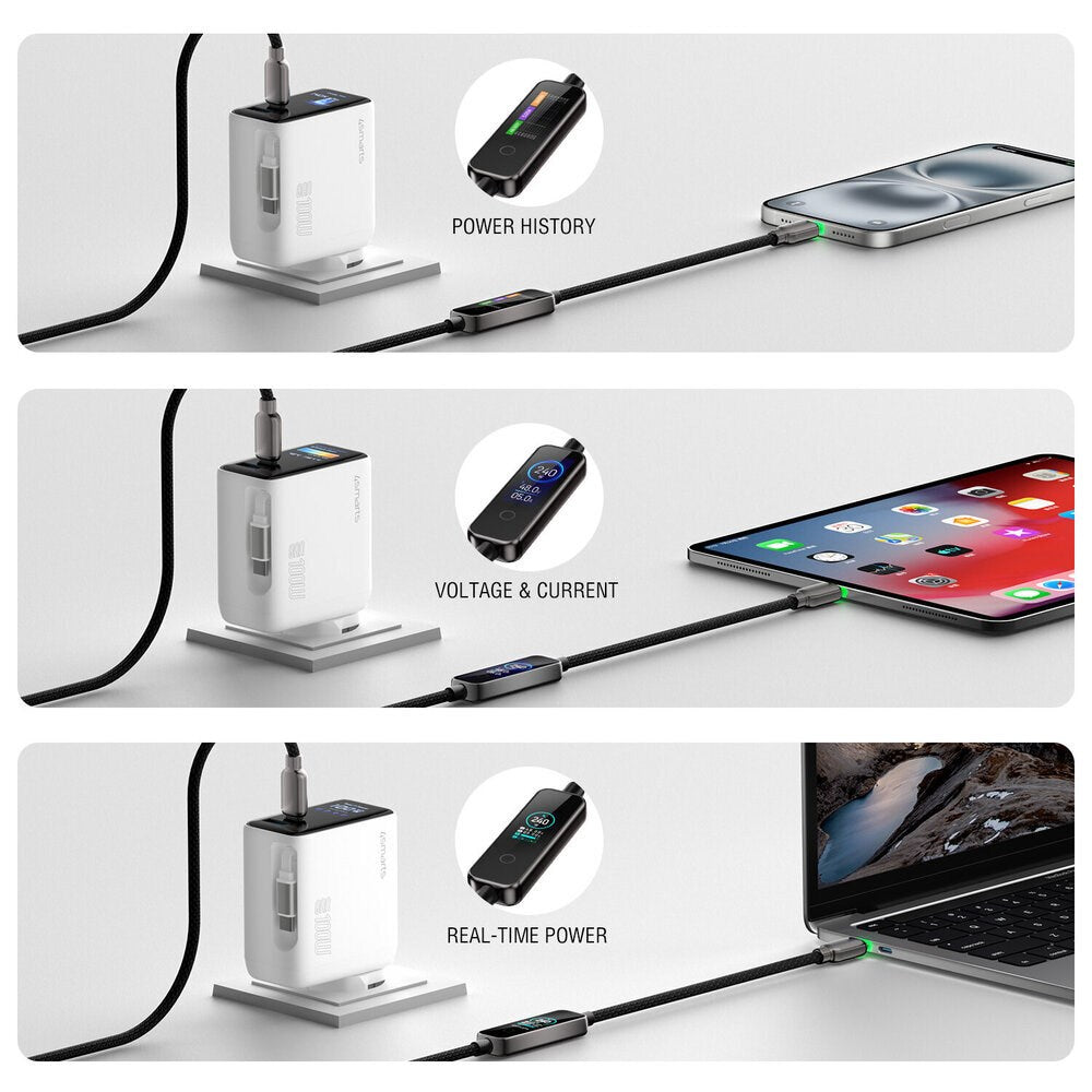 4smarts ScreenCord 240W USB-C to USB-C Cable with Built-in Display - 1.2m - Black