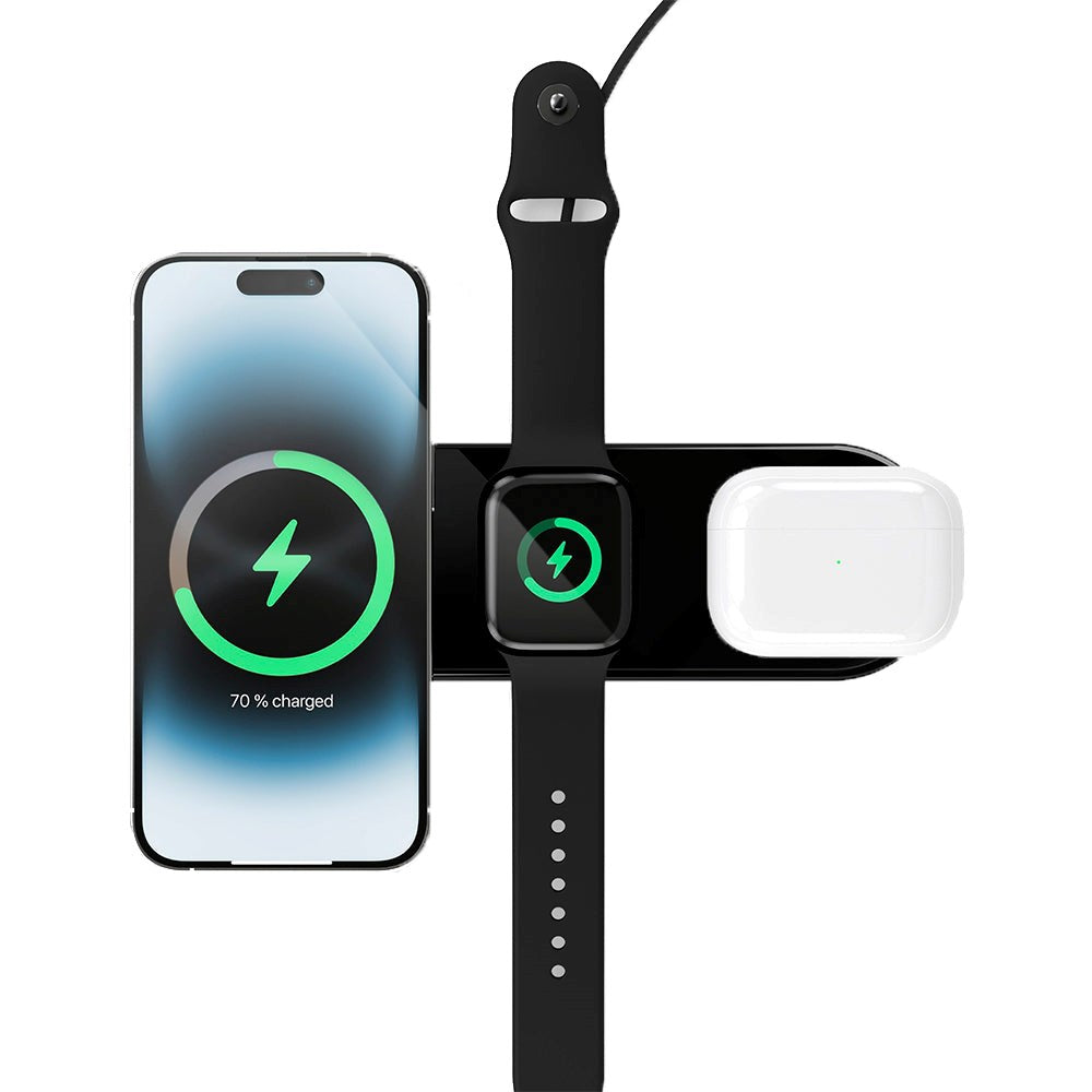 VONMÄHLEN Aura Home 3-in-1 Wireless Charger for Smartphone, Apple Watch & AirPods 15W - MagSafe Compatible - Black