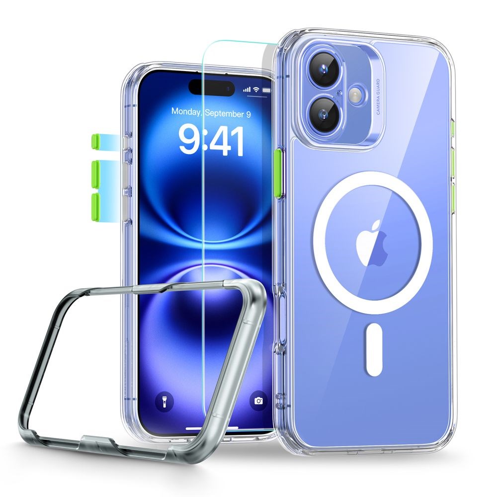 iPhone 16 ESR Classic Pro Set HaloLock with Back Case & Screen Protector Glass – MagSafe Compatible – Transparent