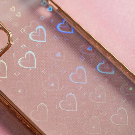 iPhone 14 Pro Flexible Plastic Case w. Holographic Foil - Hearts Motif - Transparent / Rose Gold