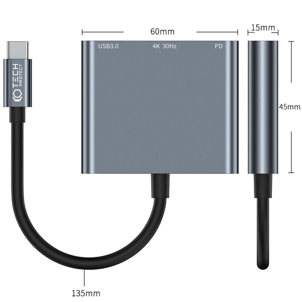 Tech-Protect 3-in-1 USB-C Multiport V1 Hub - USB-A / USB-C / HDMI - Grey