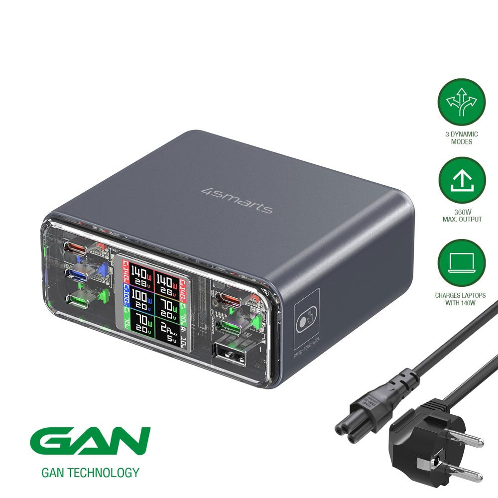 4smarts Lucid GaN DIY Desktop Charger - 360W / 5x USB-C & 1x USB-A - Grey