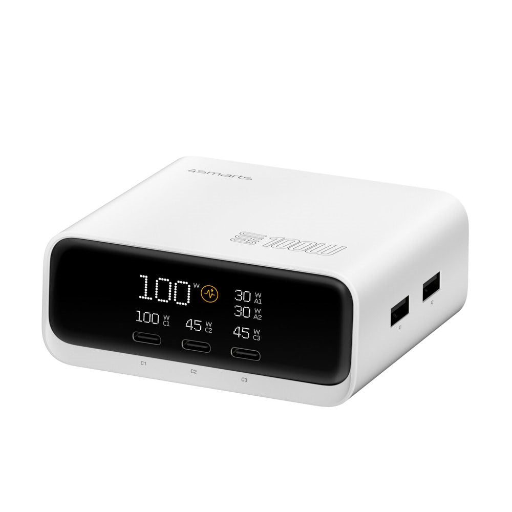 4smarts GaN Desktop Charger with Display - 100W / 3x USB-C & 2x USB-A - White