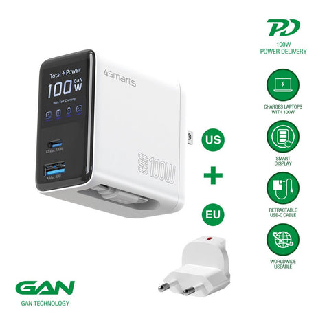 4smarts GaN 100W Wall Charger with Display - Built-in USB-C Cable - 1 x USB-A - 1 x USB-C - White