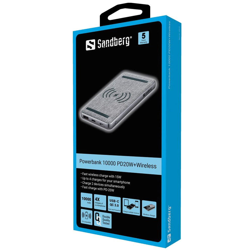 Sandberg 20W PowerBank with Wireless Charging - 1 x USB-C (PD) / 1 x USB-A (QC) - Silver