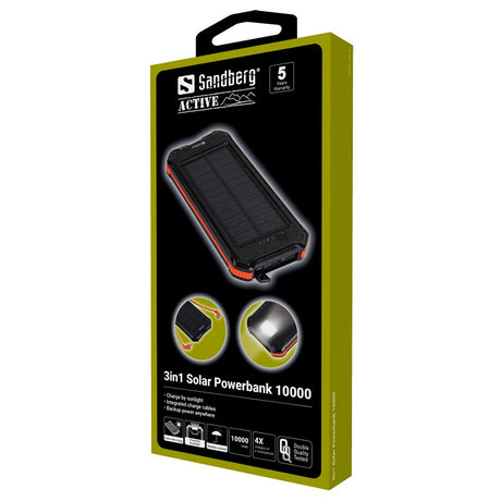 Sandberg 3-in-1 Solar Cell Powerbank USB-A / USB-C / MicroUSB - 10,000 mAh - Black