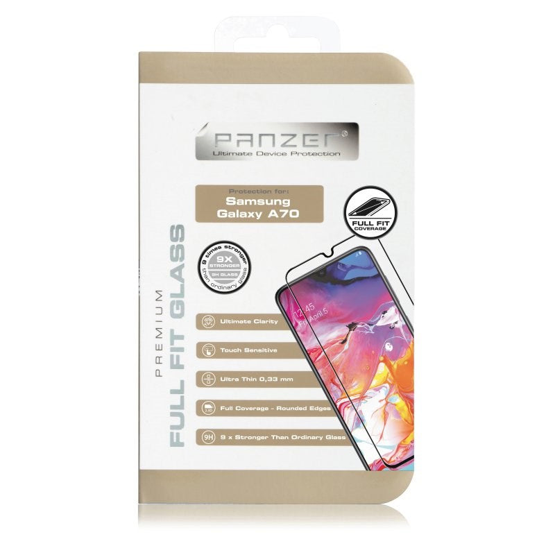 Samsung Galaxy A70 PANZER Premium Tempered Glass Screen Protector w. Black Frame - Full Fit