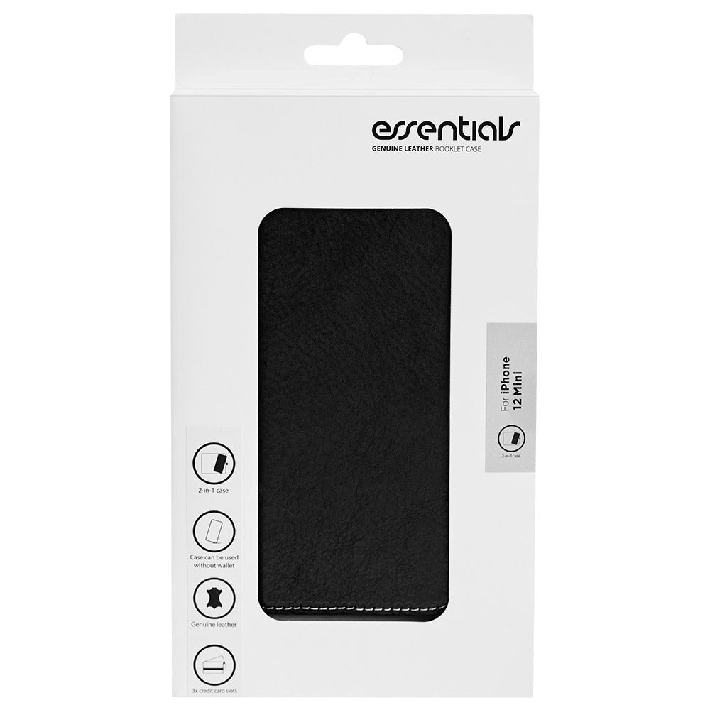 Essentials iPhone 12 Mini Real Leather Flip Case 2 in 1 with Card Holder - Black