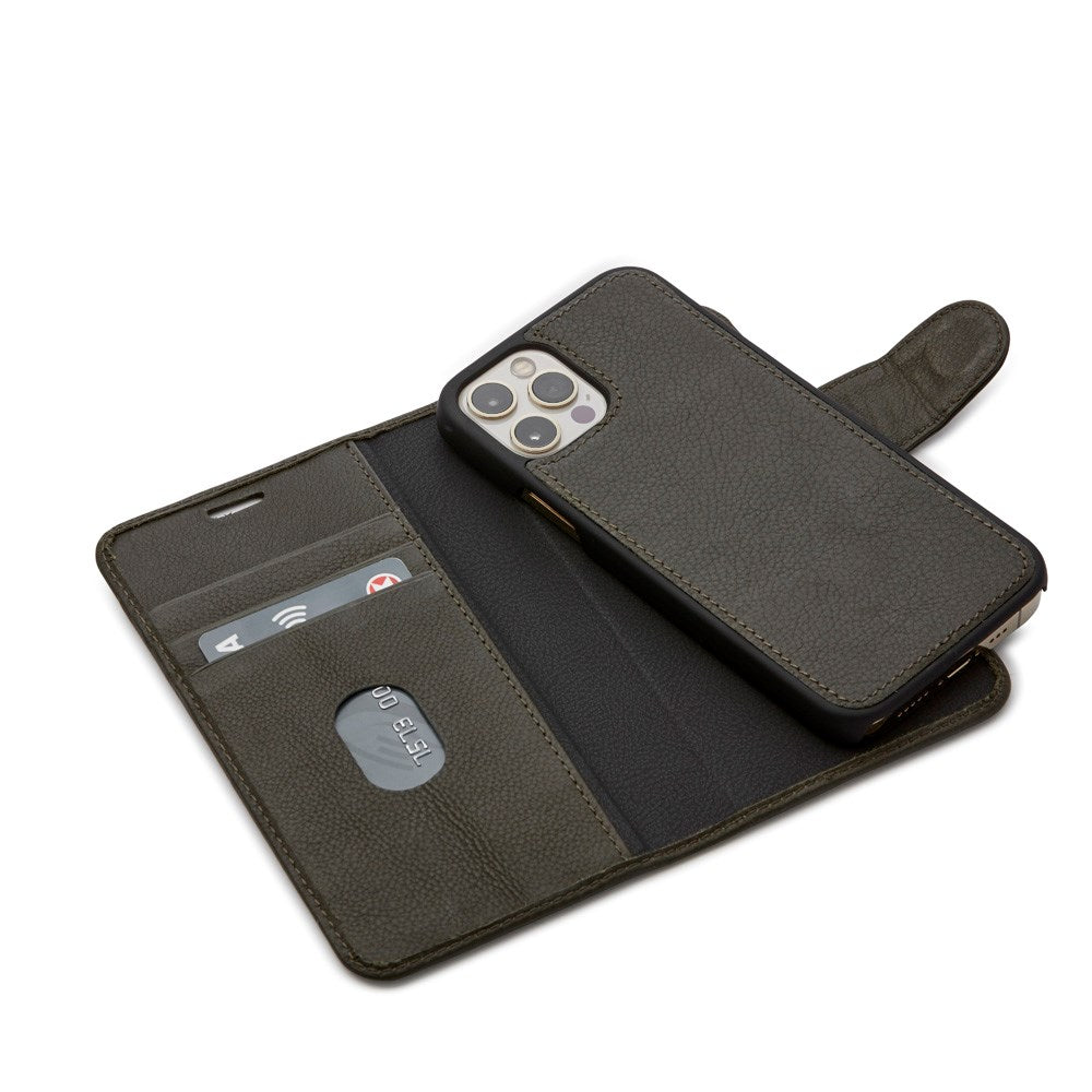 Trunk iPhone 12 Mini Genuine Leather Flip Case with Removable Back Case - Green