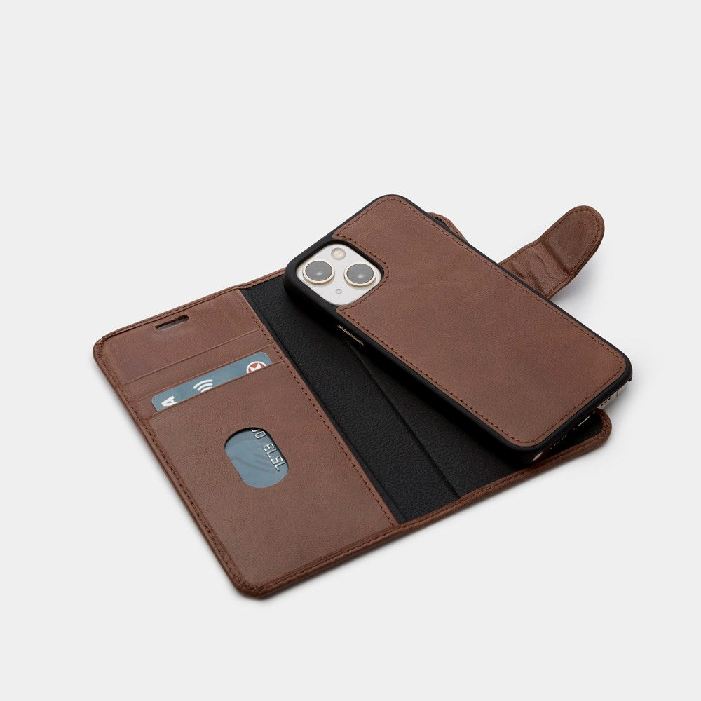 Trunk iPhone 13 Mini Genuine Leather Flip Case with Removable Back Case - Brown
