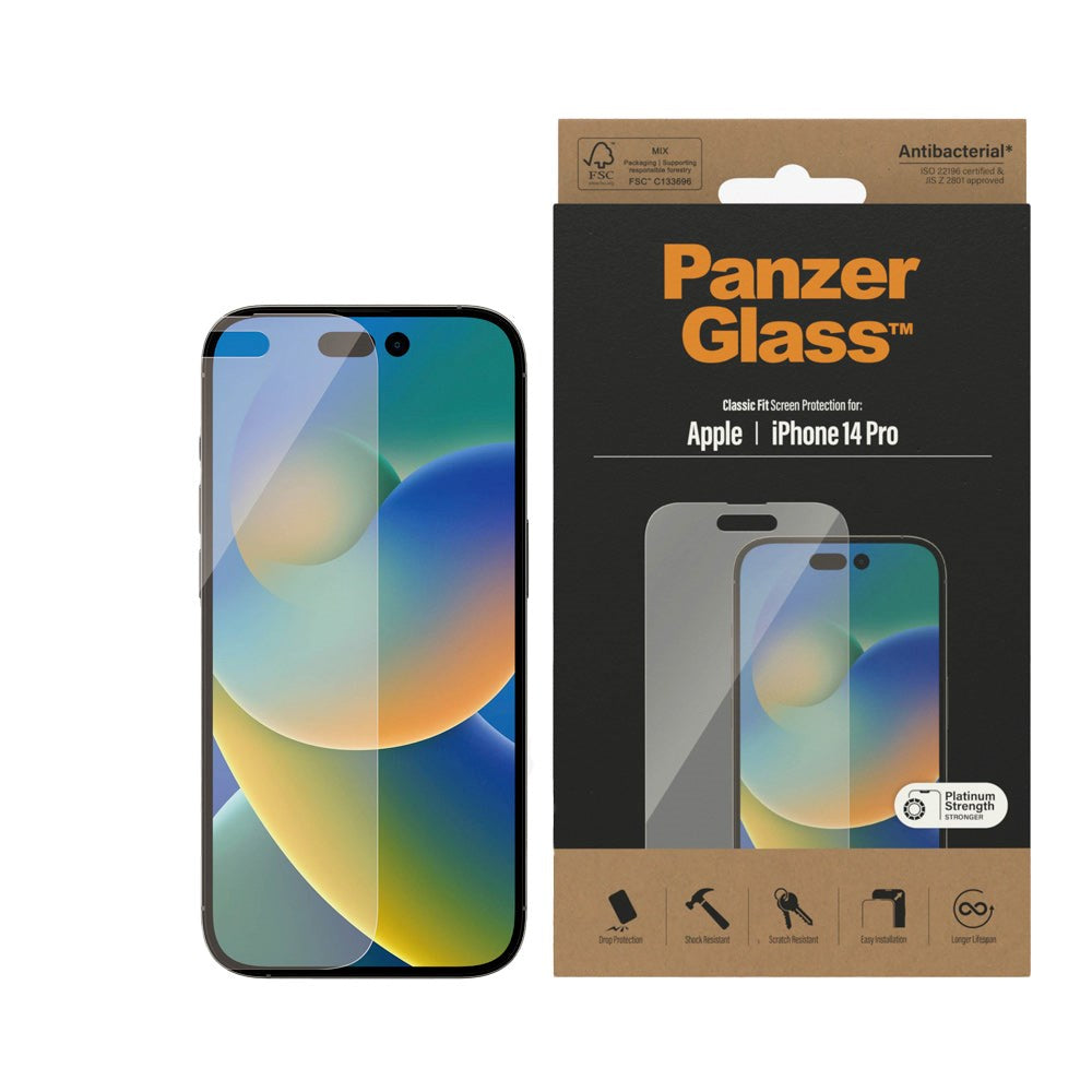 iPhone 14 Pro PanzerGlass AntiBacterial Classic Fit Screen Protector - Platinum Strength - Transparent