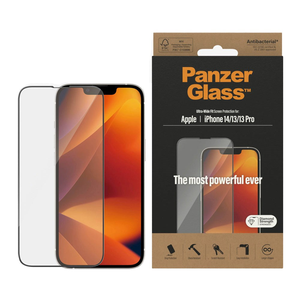 iPhone 14 / 13 / 13 Pro PanzerGlass AntiBacterial Ultra Wide Fit Screen Protector - Diamond Strength - Transparent