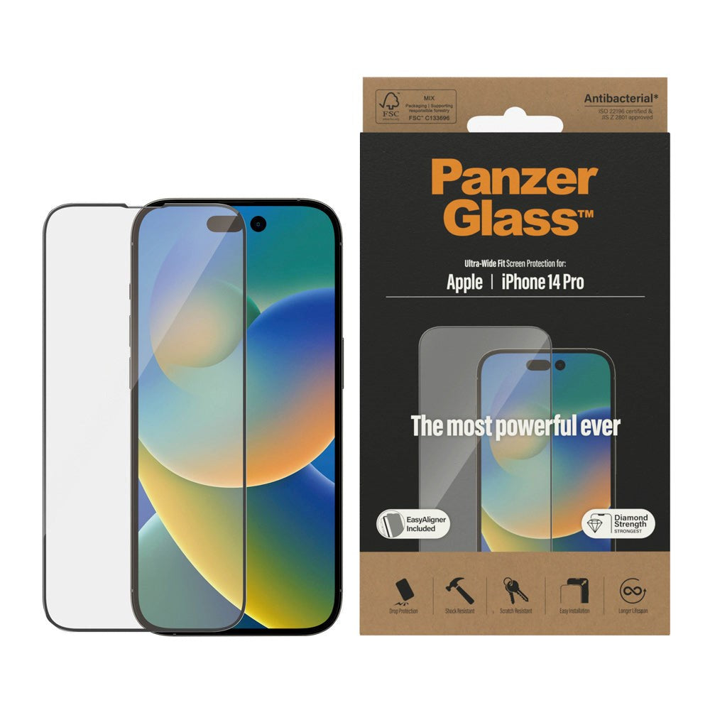 iPhone 14 Pro PanzerGlass AntiBacterial Ultra Wide Fit Screen Protector W. Applicator - Diamond Strength - Black Edge