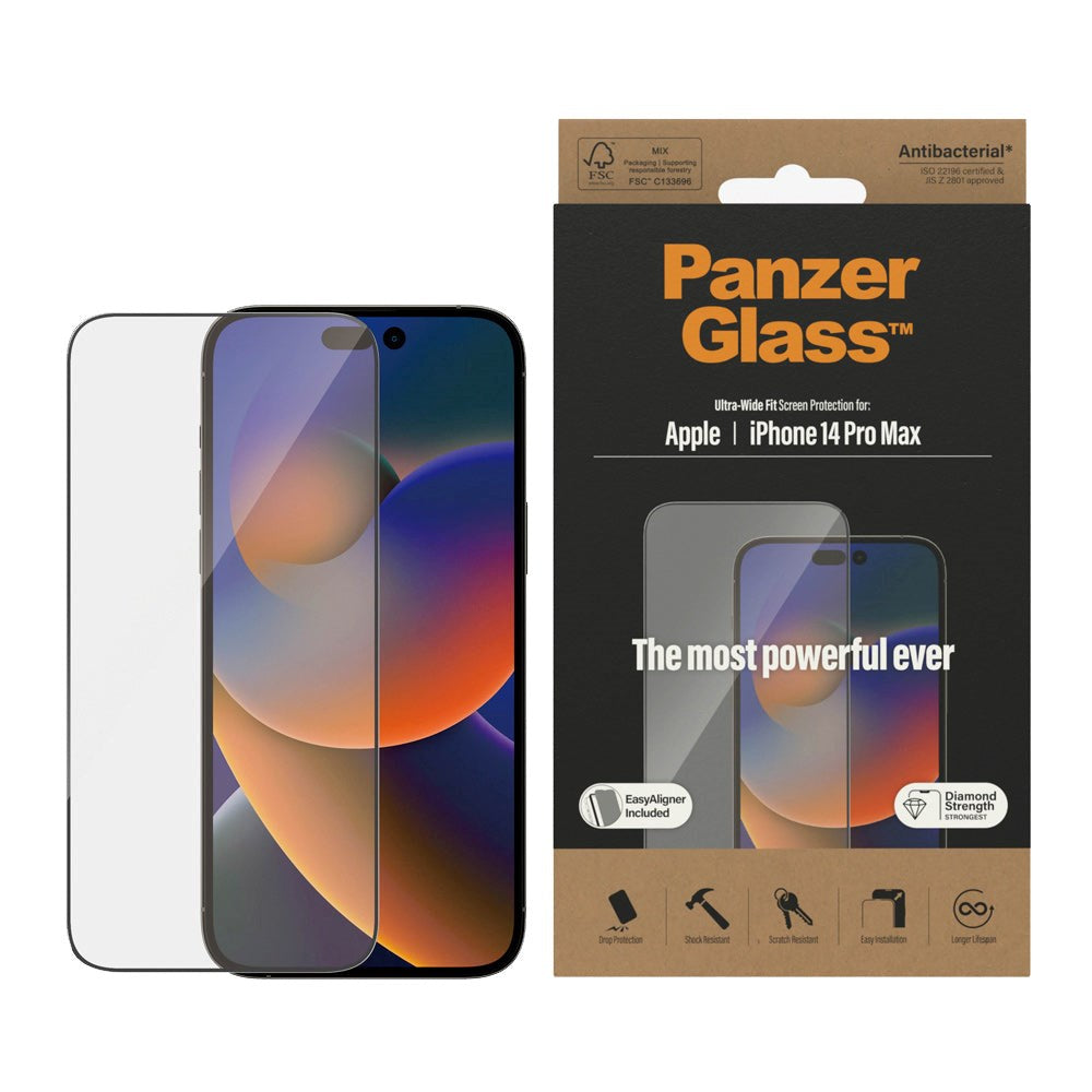 iPhone 14 Pro Max PanzerGlass AntiBacterial Ultra-Wide Fit Screen Protector - EasyAligner - Diamond Strength - Transparent / Black Edge