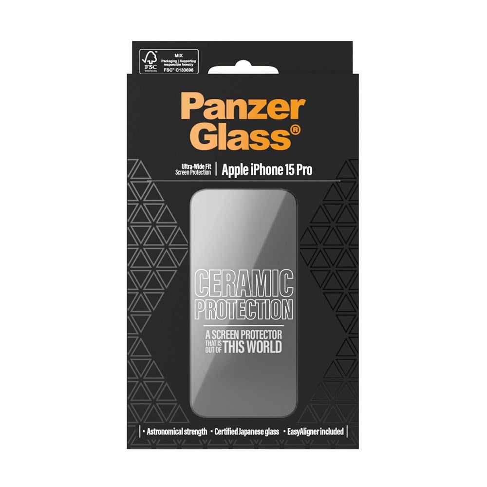 iPhone 15 Pro PanzerGlass Ultra Wide Fit Ceramic Screen Protector w. EasyAligner - Black Edge