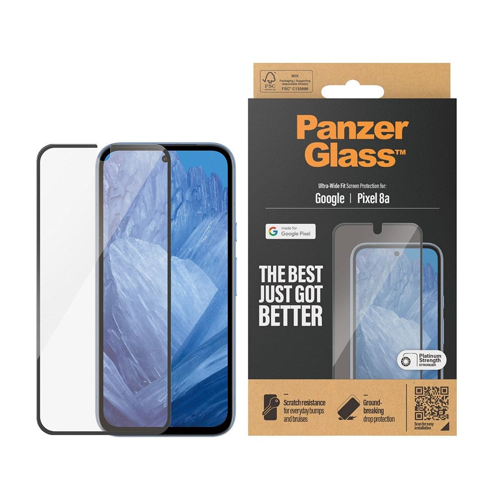 Google Pixel 8a PanzerGlass Ultra Wide Fit Screen Protector - Platinum Strength - Black Edge