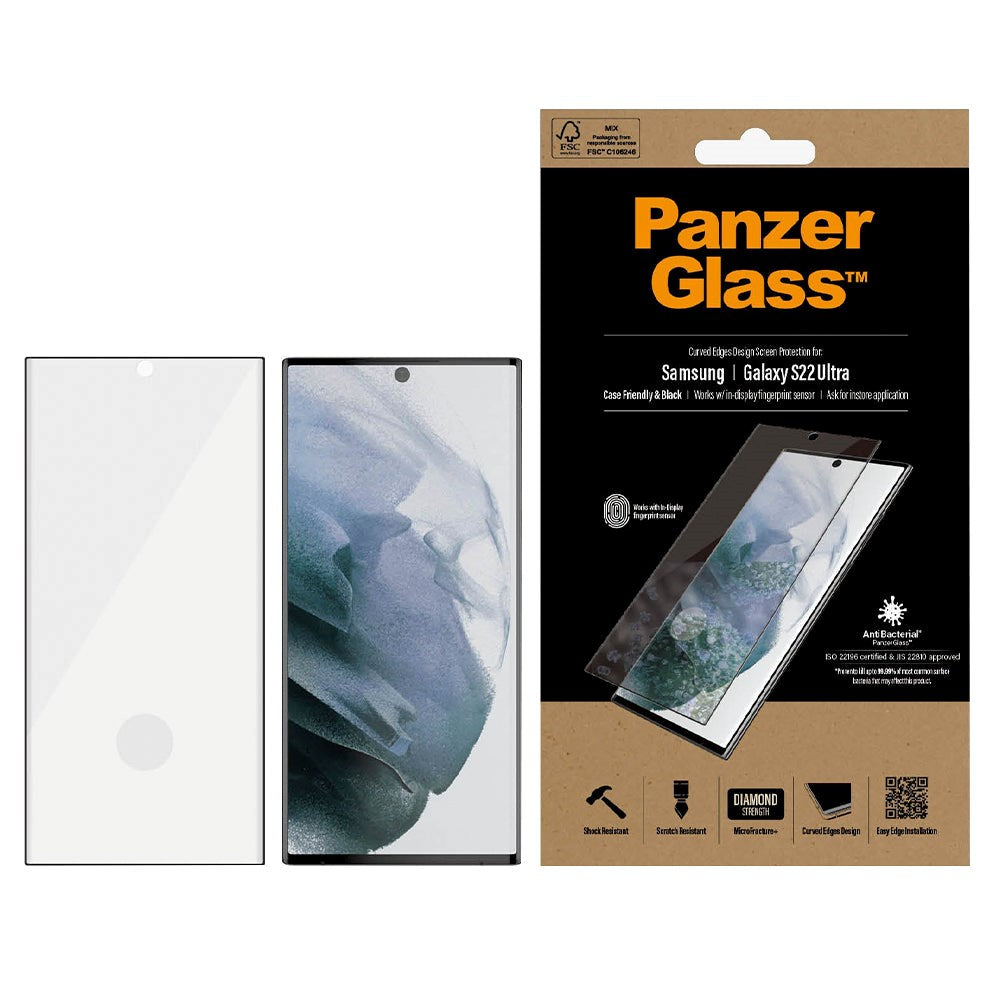 Samsung Galaxy S22 Ultra PanzerGlass AntiBacterial Edge-to-Edge Screen Protector - Case-Friendly - Black Edge