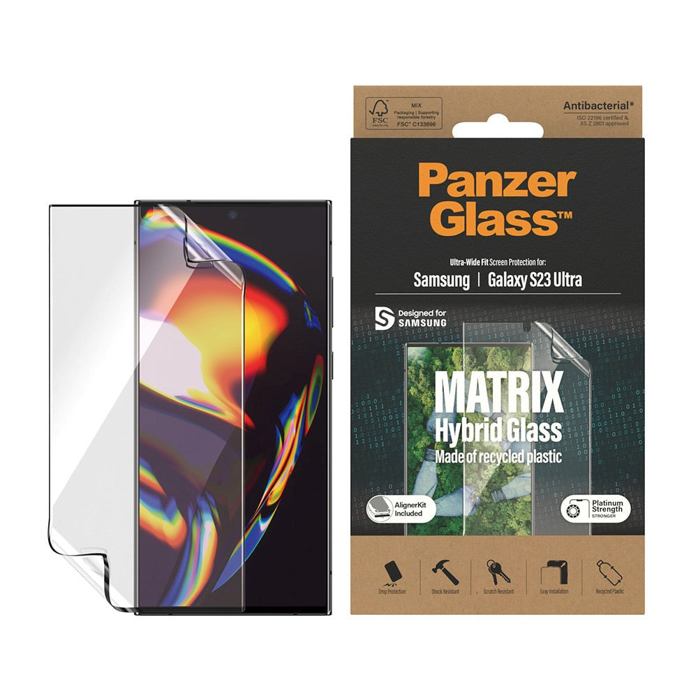 Samsung Galaxy S23 Ultra PanzerGlass Matrix Hybrid Glass AntiBacterial Ultra Wide Fit Screen Protector - AlignerKit - Platinum Strength -  Transparent