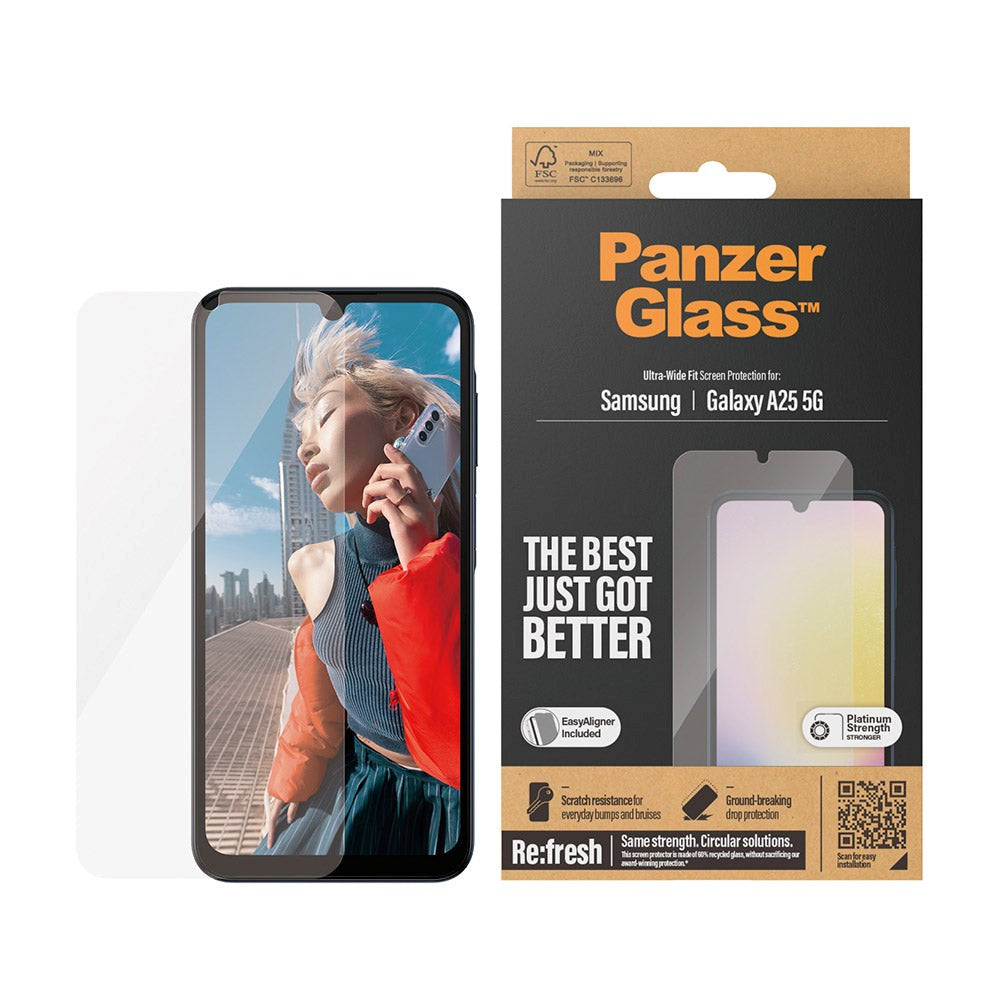 Samsung Galaxy A25 (5G) PanzerGlass Ultra Wide Fit Re:fresh Screen Protector m. EasyAligner - Platinum Strength - Transparent