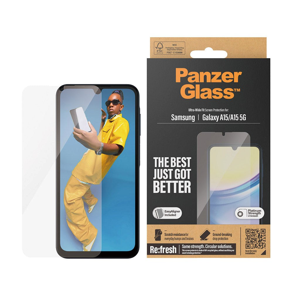 Samsung Galaxy A15 / A15 (5G) PanzerGlass Ultra Wide Fit Re:fresh Screen Protector m. EasyAligner - Platinum Strength - Transparent