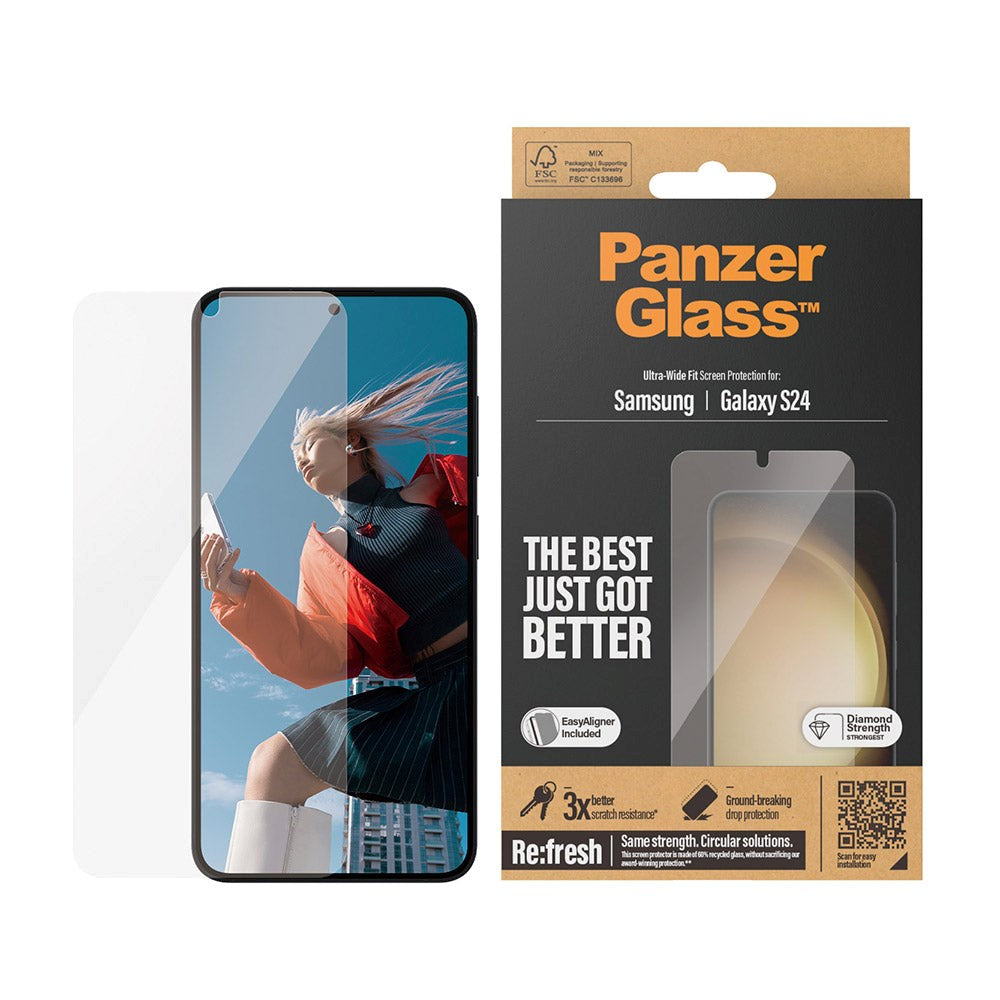 Samsung Galaxy S24 PanzerGlass Ultra Wide Fit Re:fresh Screen Protector w. EasyAligner - Diamond Strength - Transparent