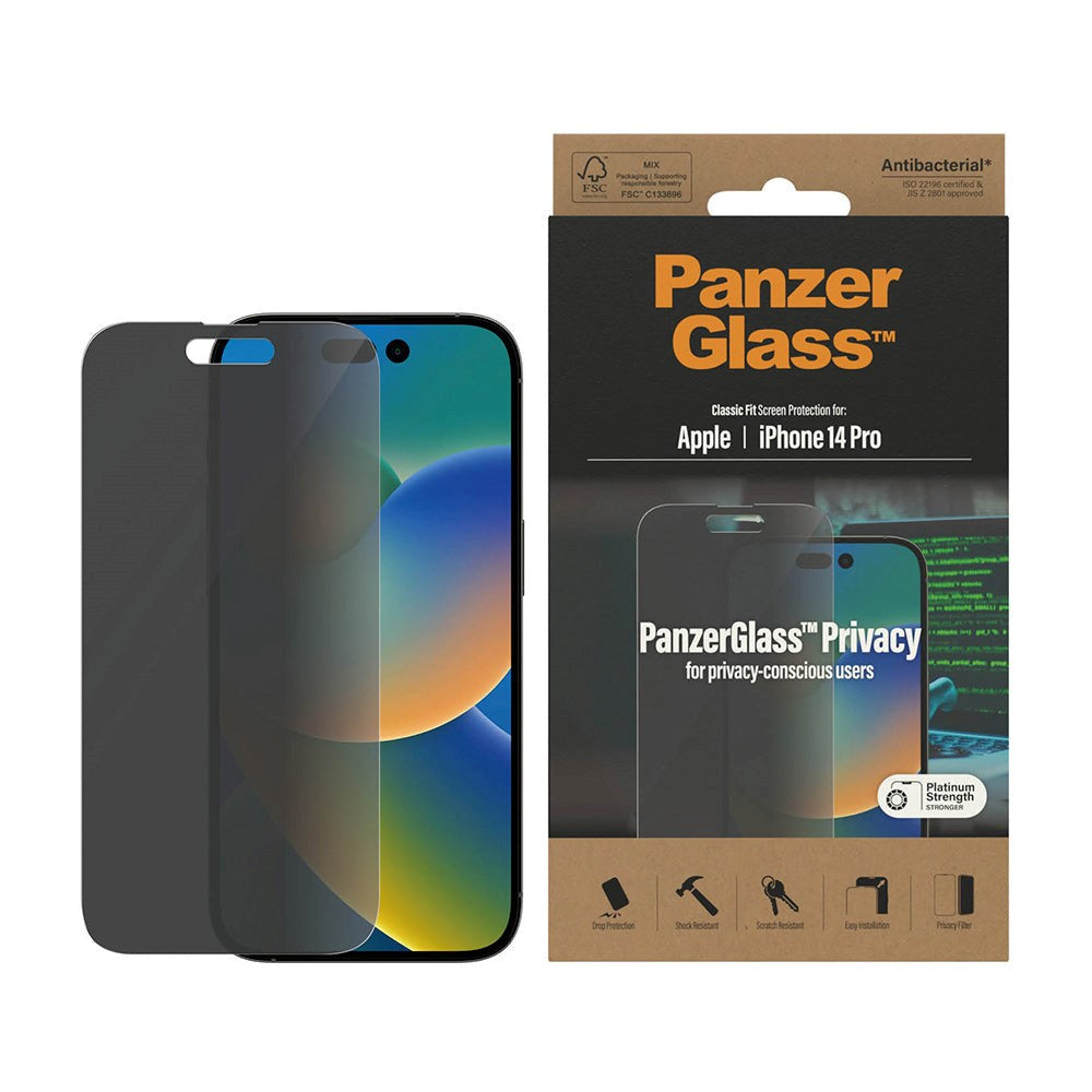 iPhone 14 Pro PanzerGlass AntiBacterial Classic Fit Screen Protector - Privacy Filter - Platinum Strength - Transparent / Black