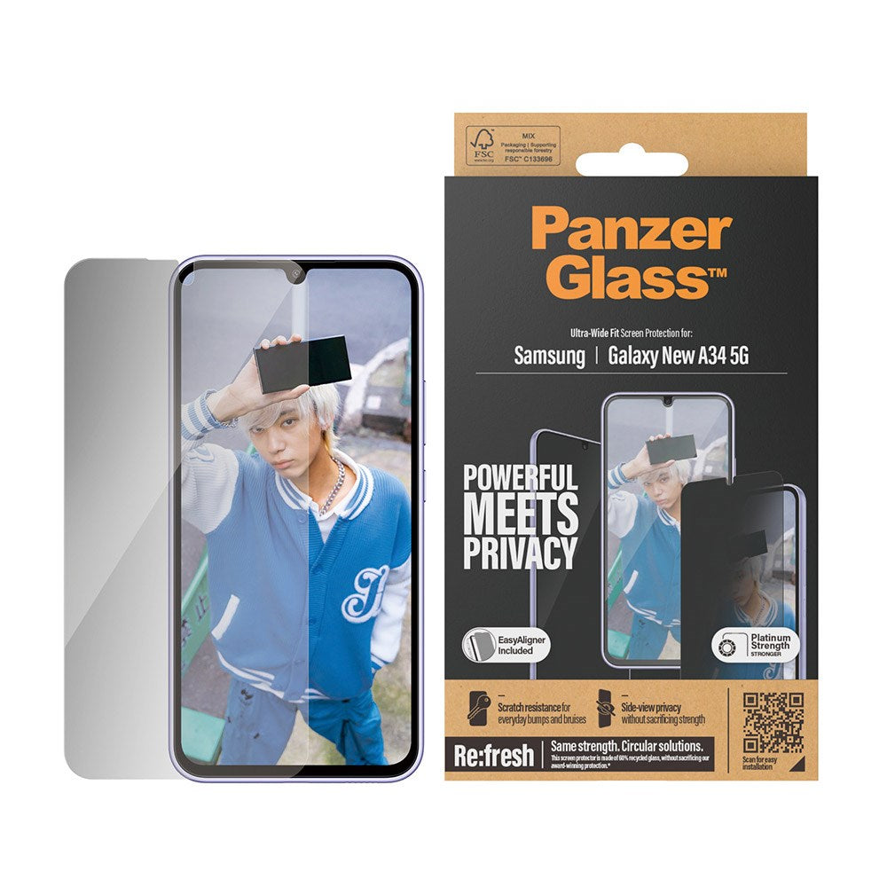 Samsung Galaxy A35 (5G) PanzerGlass Ultra Wide Fit Re:fresh Screen Protector m. EasyAligner - Privacy - Platinum Strength - Transparent / Black Edge