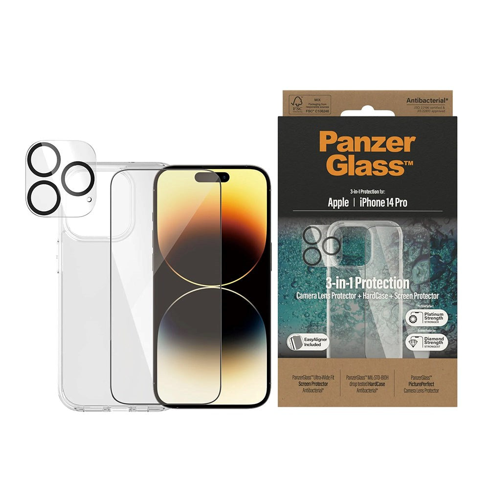 iPhone 14 Pro PanzerGlass 3-in-1 Bundle w. EasyAligner - Screen Protector (UWF) / Case / Camera Protection - Transparent