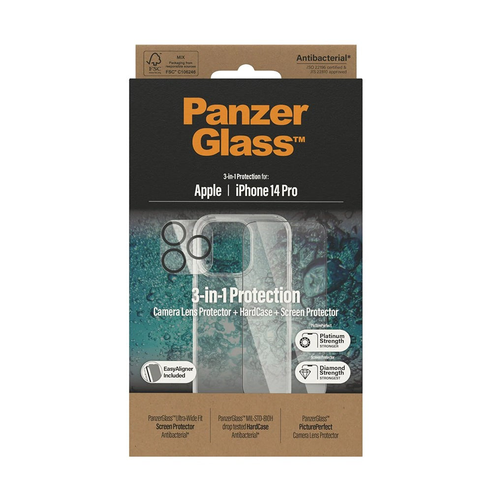 iPhone 14 Pro PanzerGlass 3-in-1 Bundle w. EasyAligner - Screen Protector (UWF) / Case / Camera Protection - Transparent