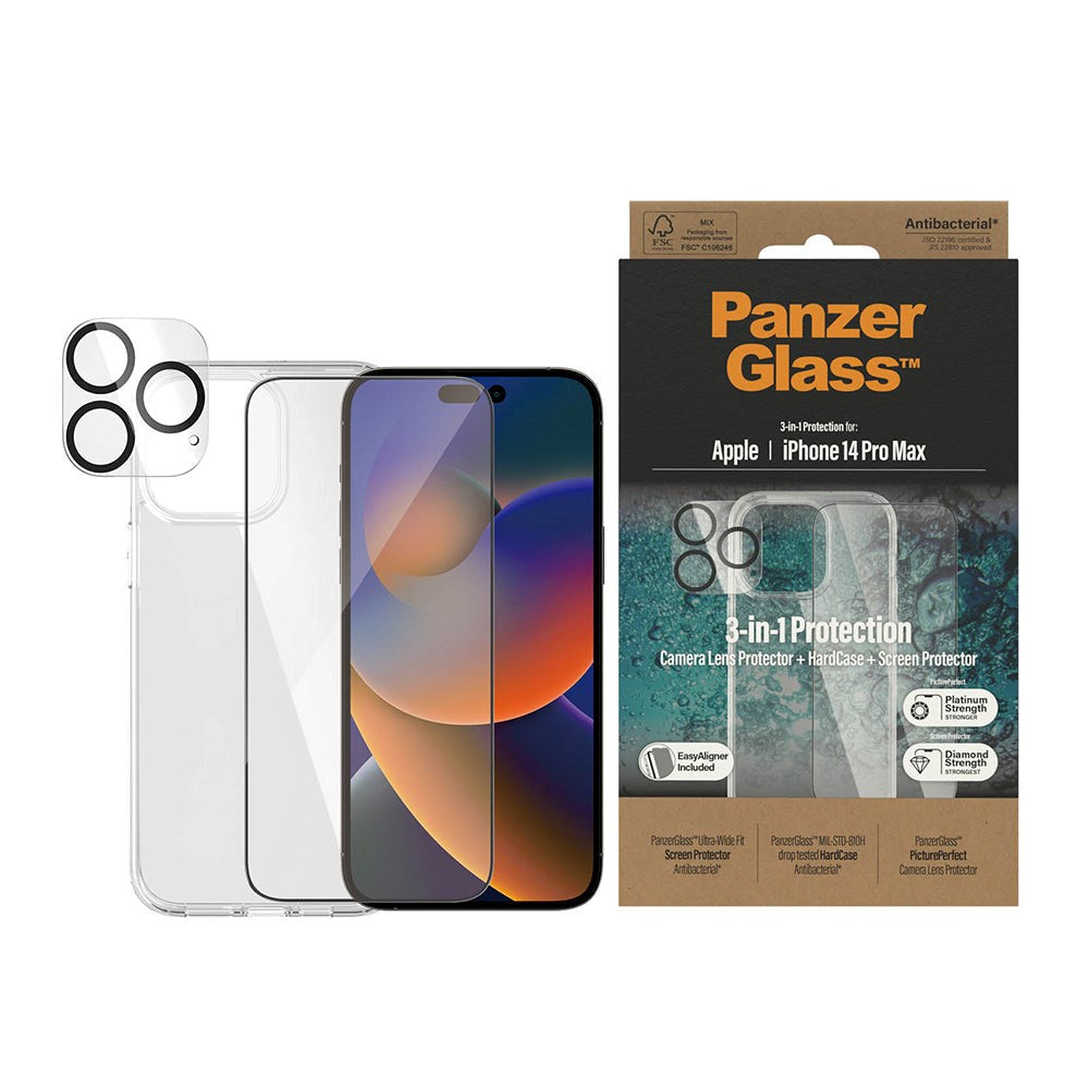 iPhone 14 Pro MaxPanzerGlass 3-in-1 Bundle w. EasyAligner - Screen Protector (UWF) / Case / Camera Protection - Transparent