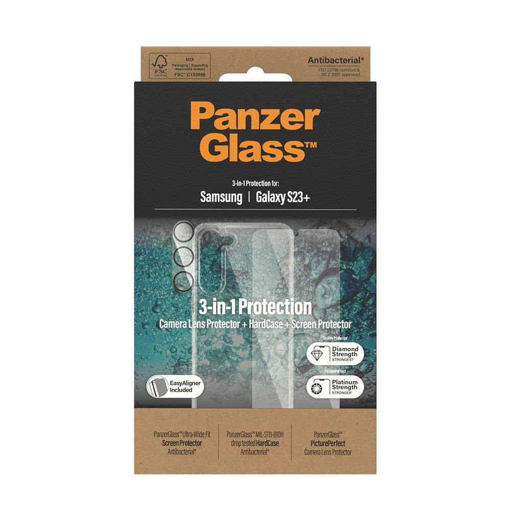 Samsung Galaxy S23+ (Plus) PanzerGlass 3-in-1 Bundle w. EasyAligner - Screen Protector (UWF) / Case / Camera Protection - Transparent