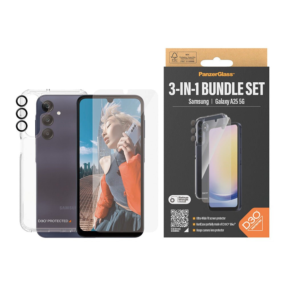 Samsung Galaxy A25 (5G) PanzerGlass 3-in-1 Bundle w. EasyAligner - Screen Protector (UWF) / D3O Bio Hardcase / Hoops Camera Protection - Transparent / Black