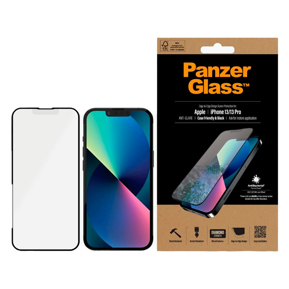 iPhone 13 / 13 Pro PanzerGlass Antibacterial Screen Protector - Anti-Glare - Case Friendly - Black Edge