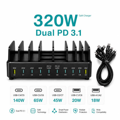 Xceed 320W Multi Charger with 8x USB-C & 2x USB-A - Black