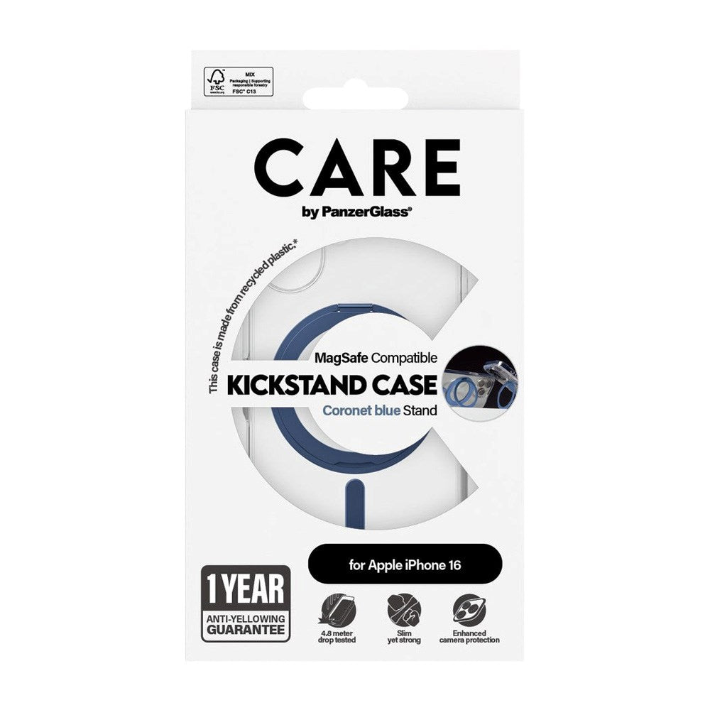 CARE by PanzerGlass iPhone 16 Feature Kickstand Case - MagSafe Compatible - Transparent / Coronet Blue